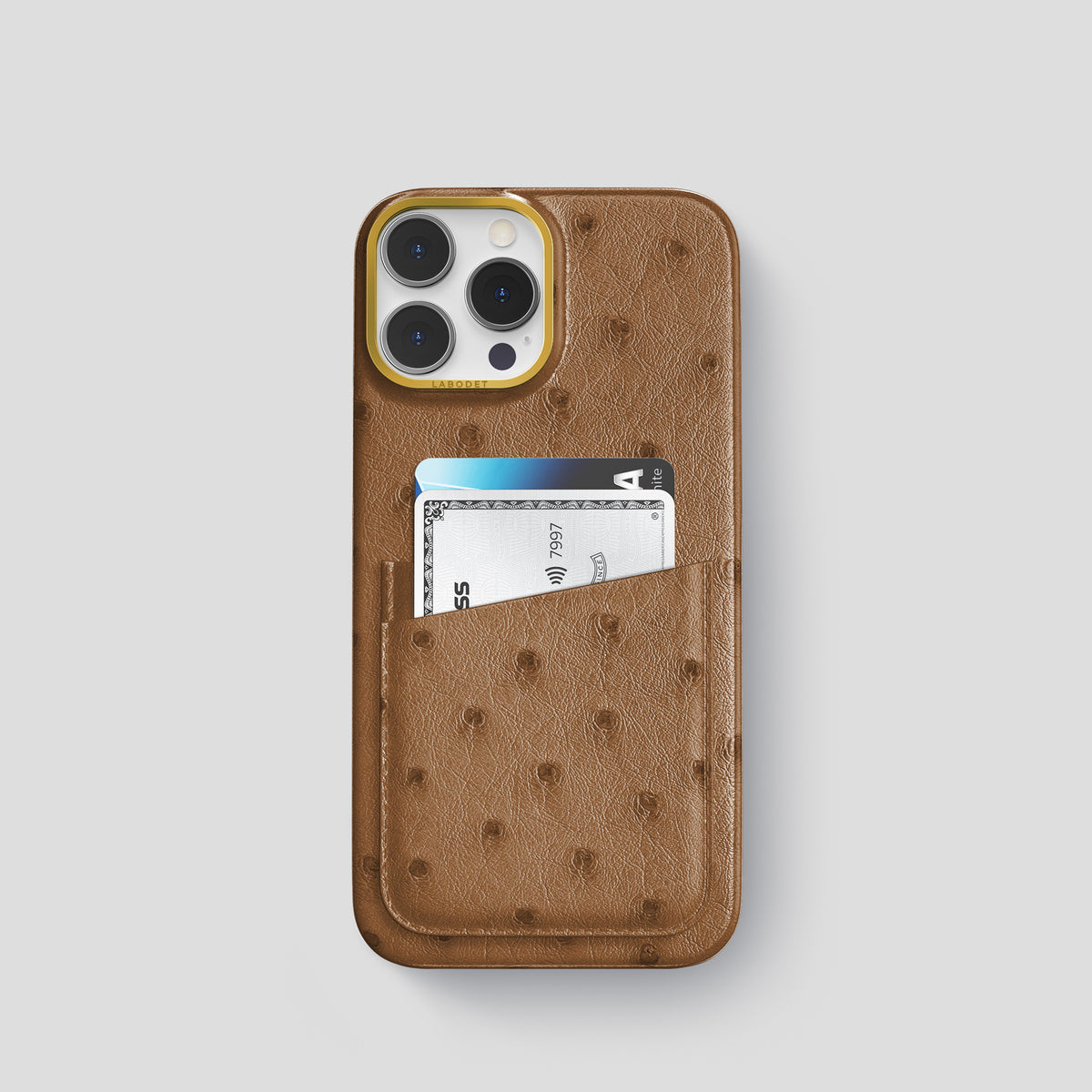 Medium-Brown iPhone 15 Pro Card Case Ostrich with Gold Metal -1 | Medium-Brown-Gold
