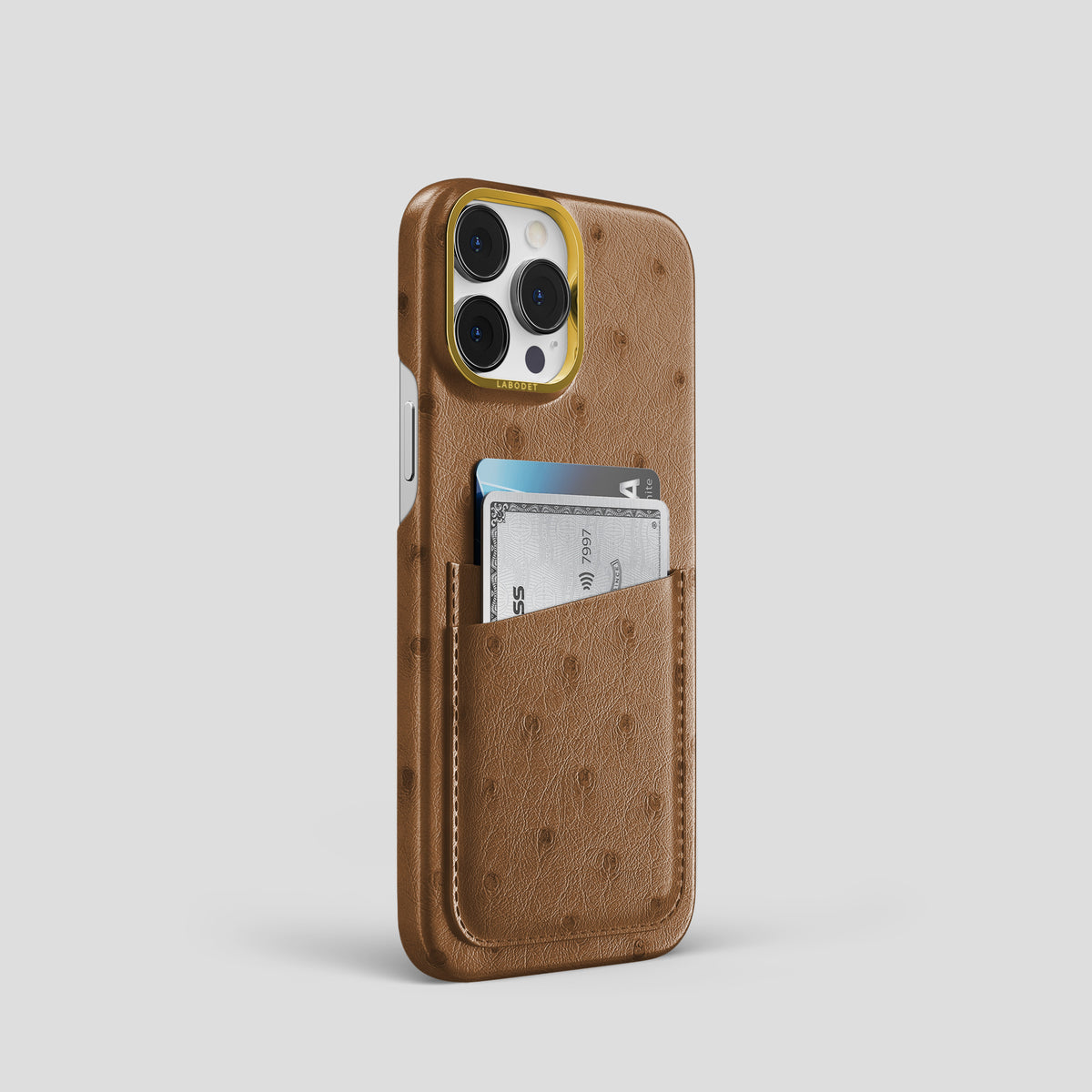 Medium-Brown iPhone 15 Pro Card Case Ostrich with Gold Metal -2 | Medium-Brown-Gold