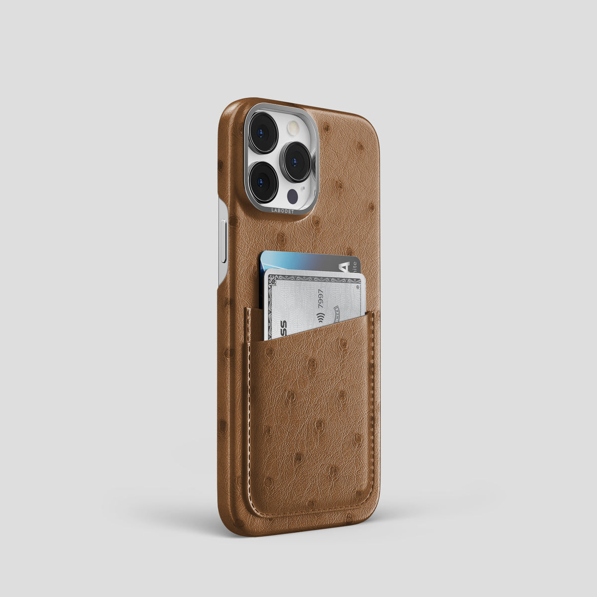 Medium-Brown iPhone 15 Pro Card Case Ostrich with Steel Metal -2 | Medium-Brown-Steel
