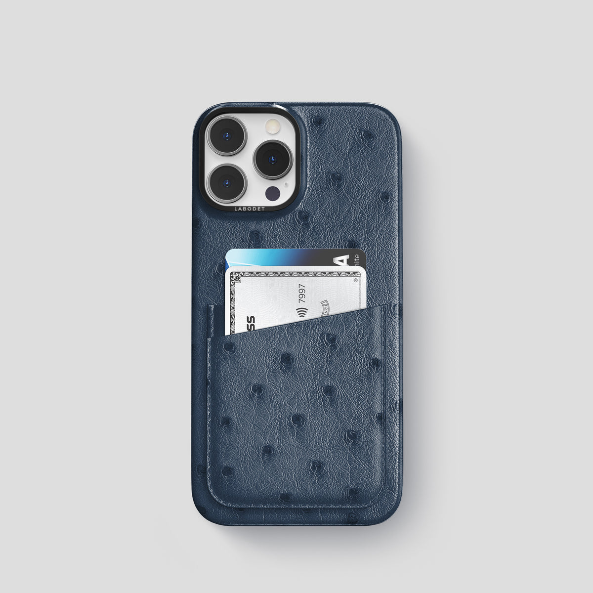 Navy-Blue iPhone 15 Pro Card Case Ostrich with Black Metal -1 | Navy-Blue-Black