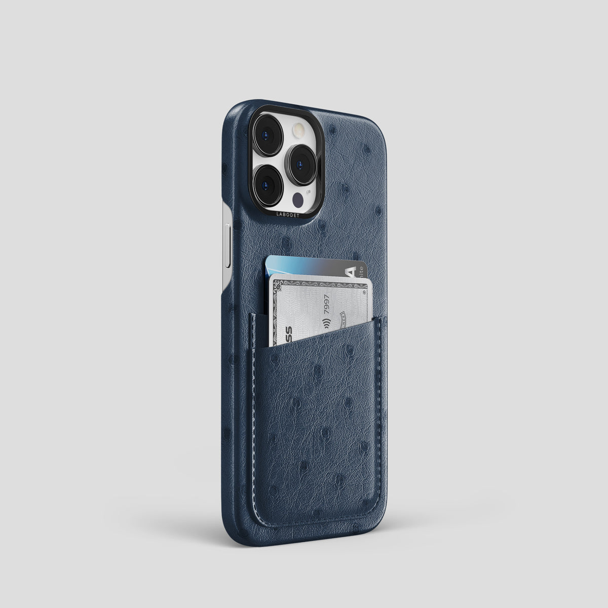 Navy-Blue iPhone 15 Pro Card Case Ostrich with Black Metal -2 | Navy-Blue-Black