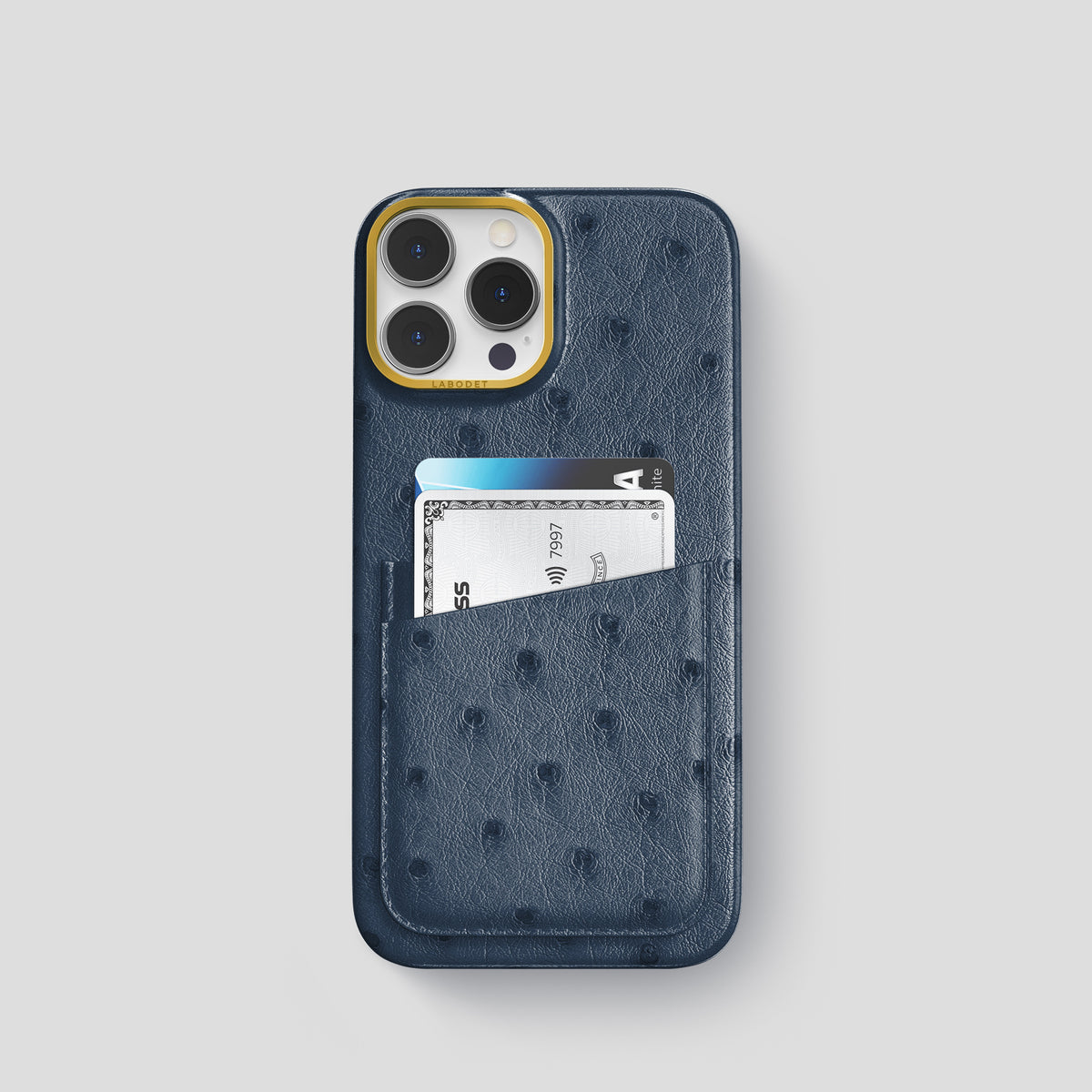 Navy-Blue iPhone 15 Pro Card Case Ostrich with Gold Metal -1 | Navy-Blue-Gold