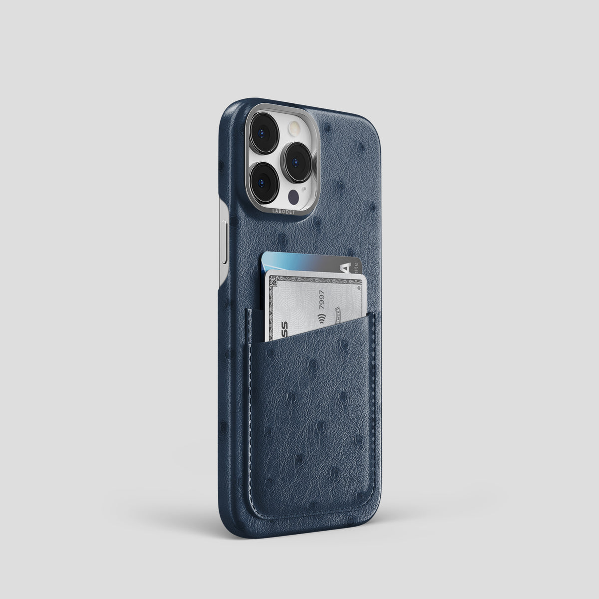 Navy-Blue iPhone 15 Pro Card Case Ostrich with Steel Metal -2 | Navy-Blue-Steel