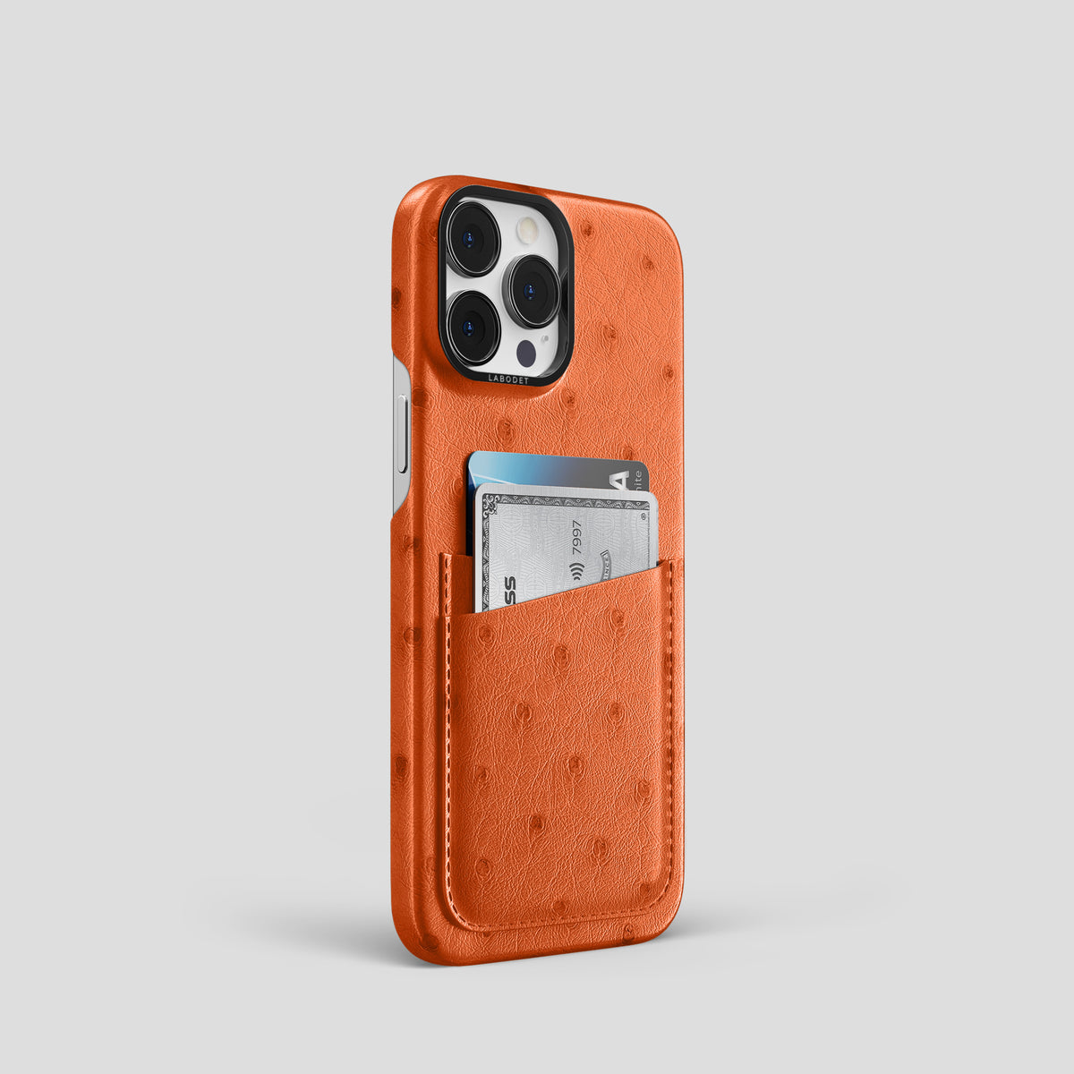 Orange iPhone 15 Pro Card Case Ostrich with Black Metal -2 | Orange-Black