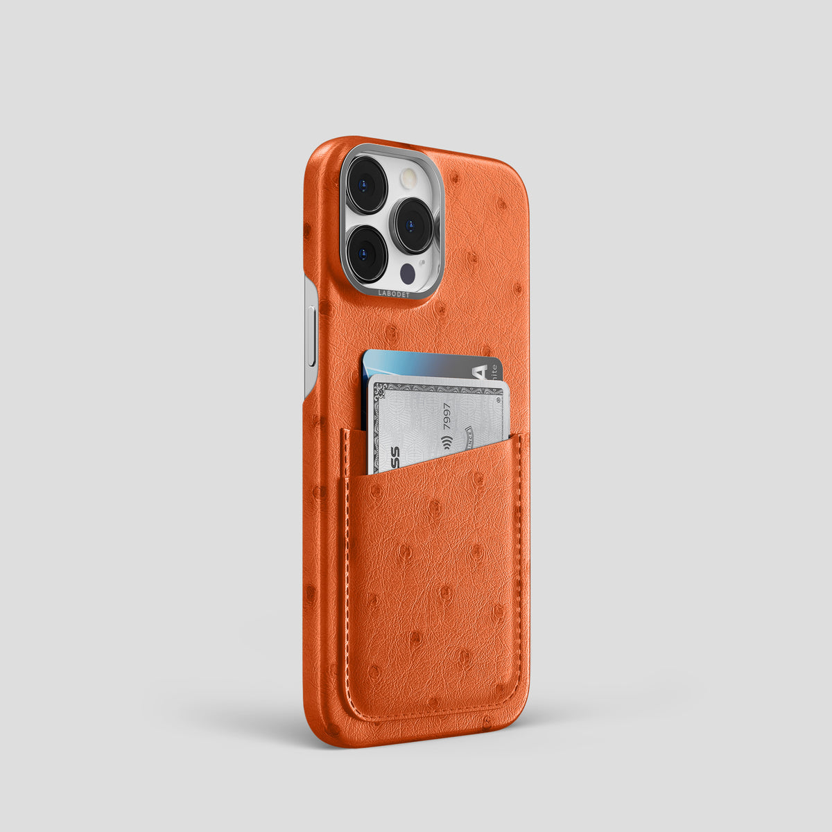 Orange iPhone 15 Pro Card Case Ostrich with Steel Metal -2 | Orange-Steel