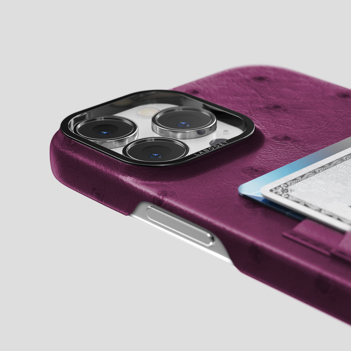 Purple iPhone 15 Pro Card Case Ostrich with Black Metal -5 | Purple-Black
