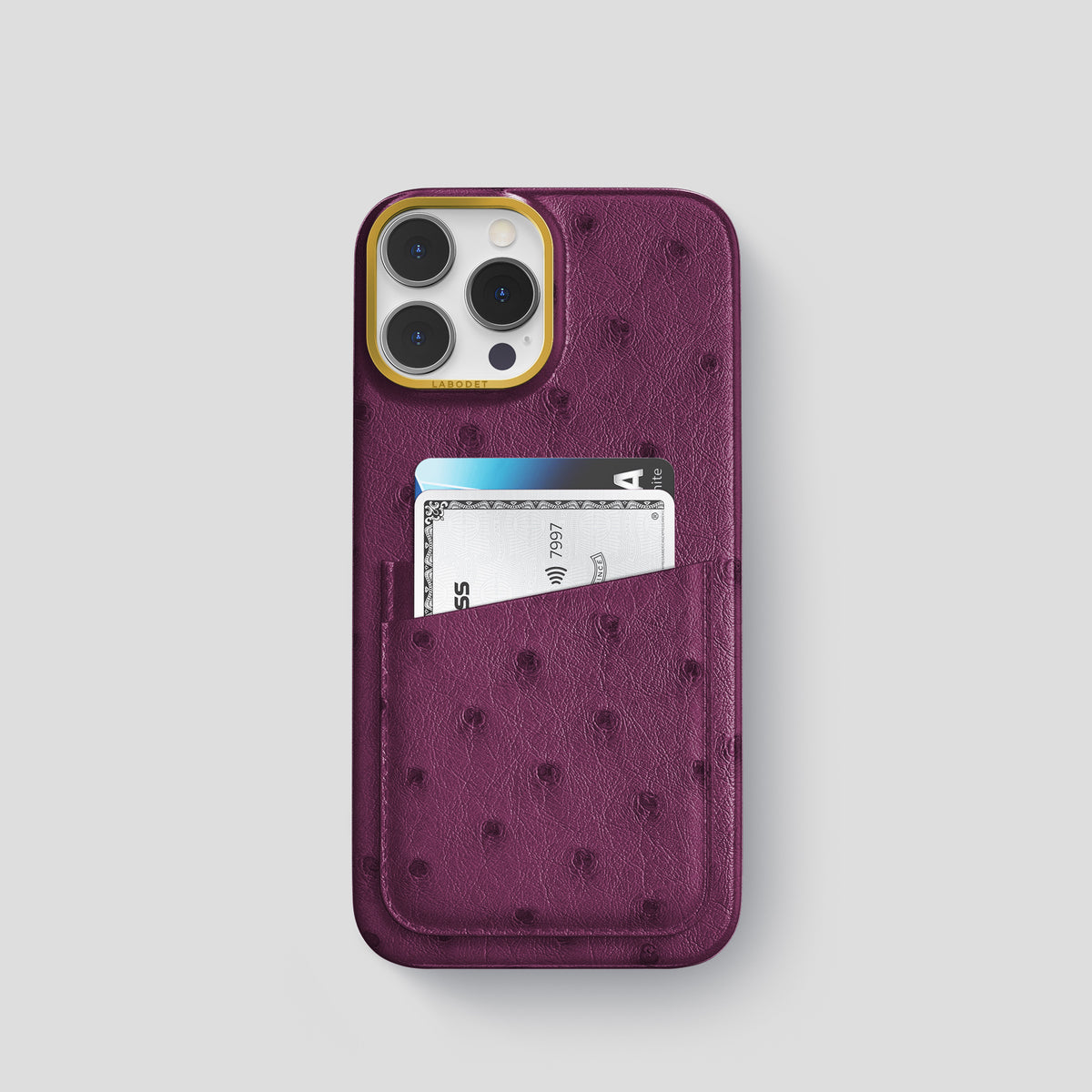Purple iPhone 15 Pro Card Case Ostrich with Gold Metal -1 | Purple-Gold