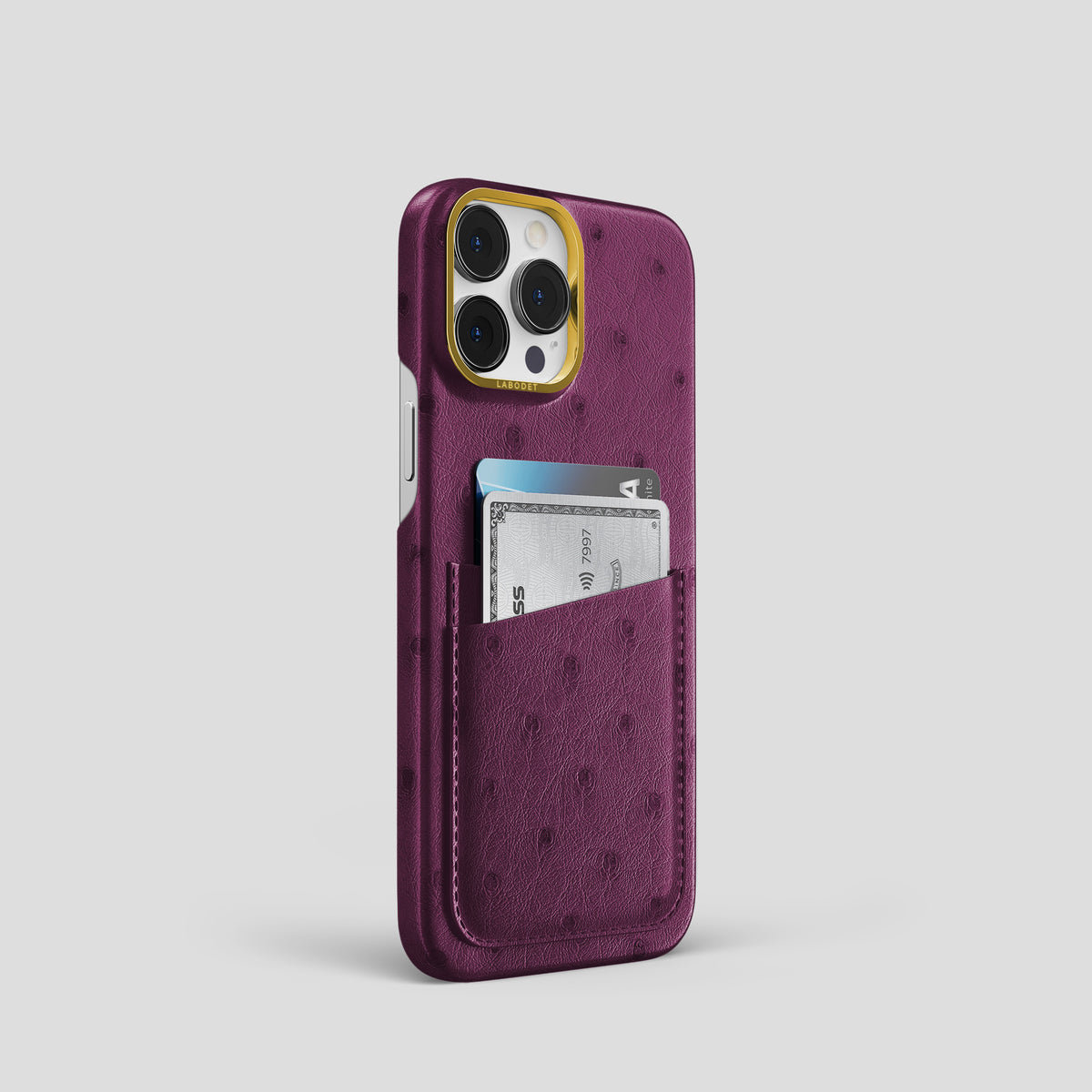 Purple iPhone 15 Pro Card Case Ostrich with Gold Metal -2 | Purple-Gold