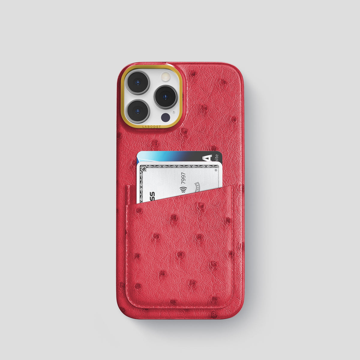 Red iPhone 15 Pro Card Case Ostrich with Gold Metal -1 | Red-Gold