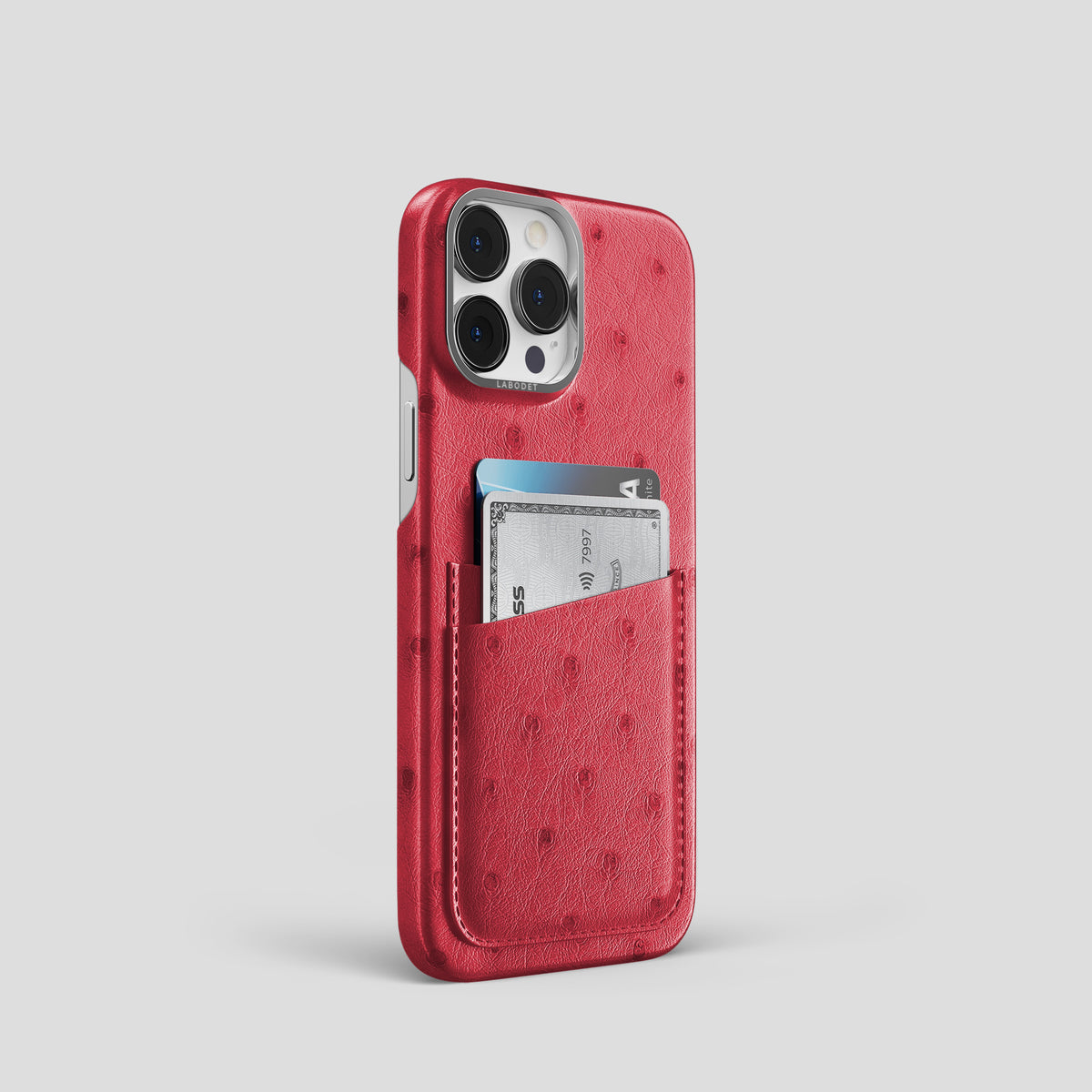 Red iPhone 15 Pro Card Case Ostrich with Steel Metal -2 | Red-Steel