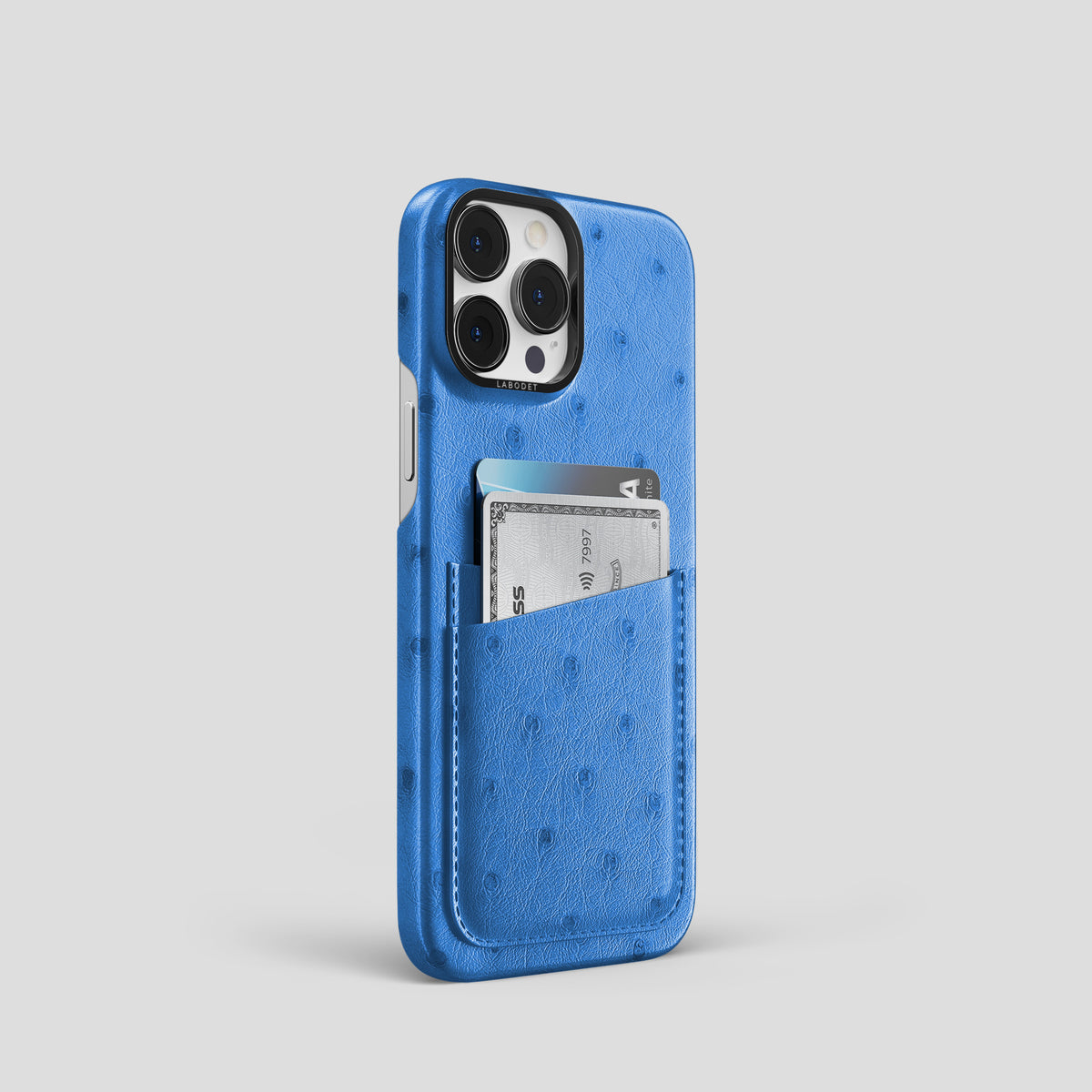 Royal-Blue iPhone 15 Pro Card Case Ostrich with Black Metal -2 | Royal-Blue-Black