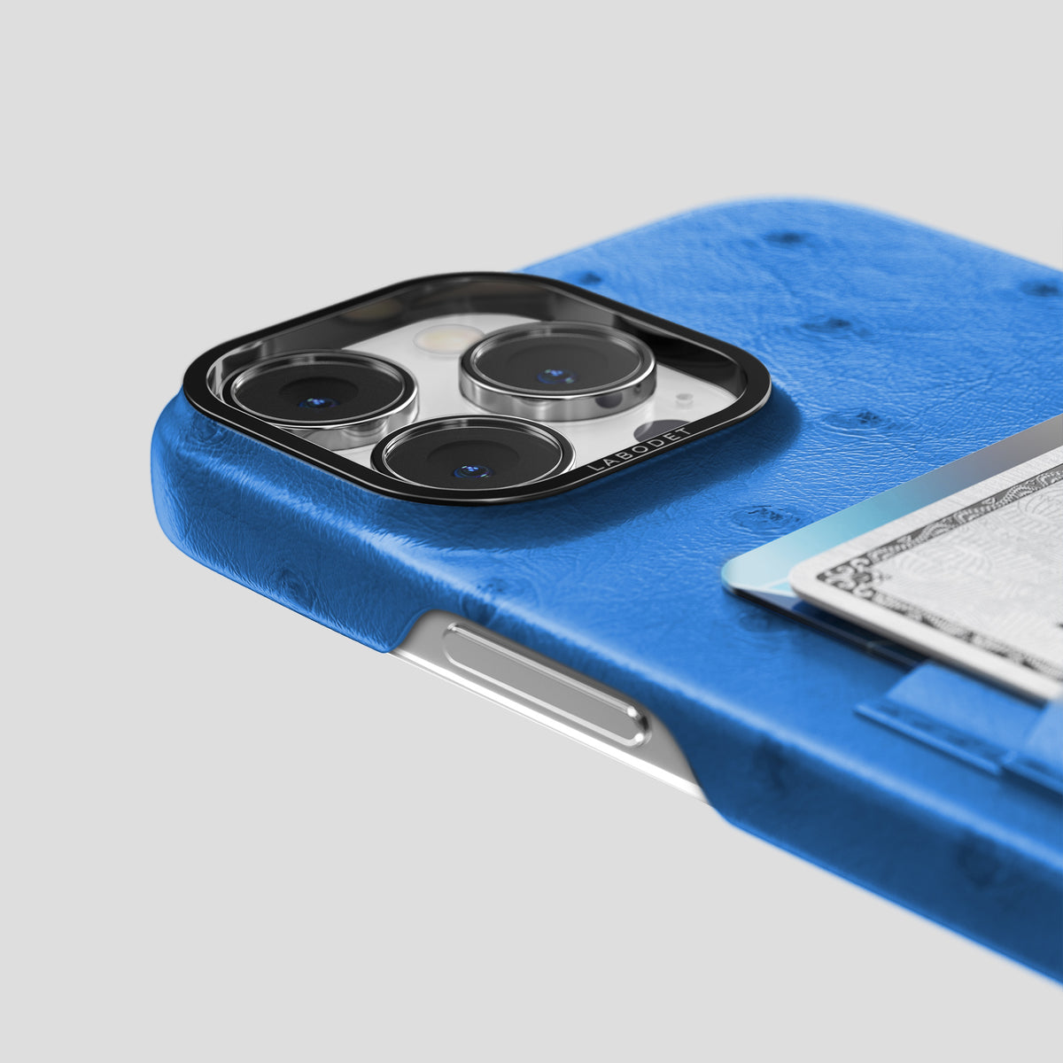 Royal-Blue iPhone 15 Pro Card Case Ostrich with Black Metal -5 | Royal-Blue-Black