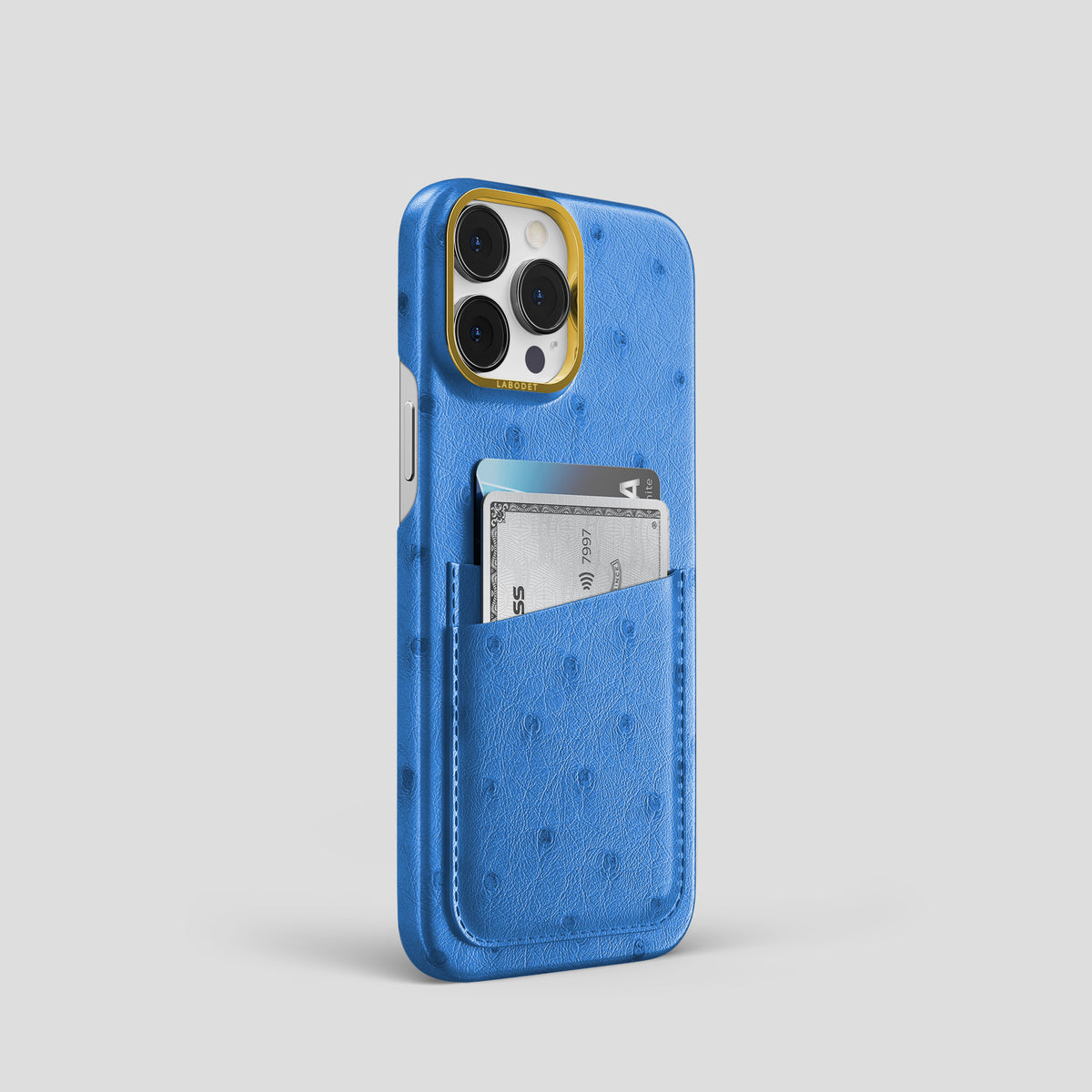 Royal-Blue iPhone 15 Pro Card Case Ostrich with Gold Metal -2 | Royal-Blue-Gold