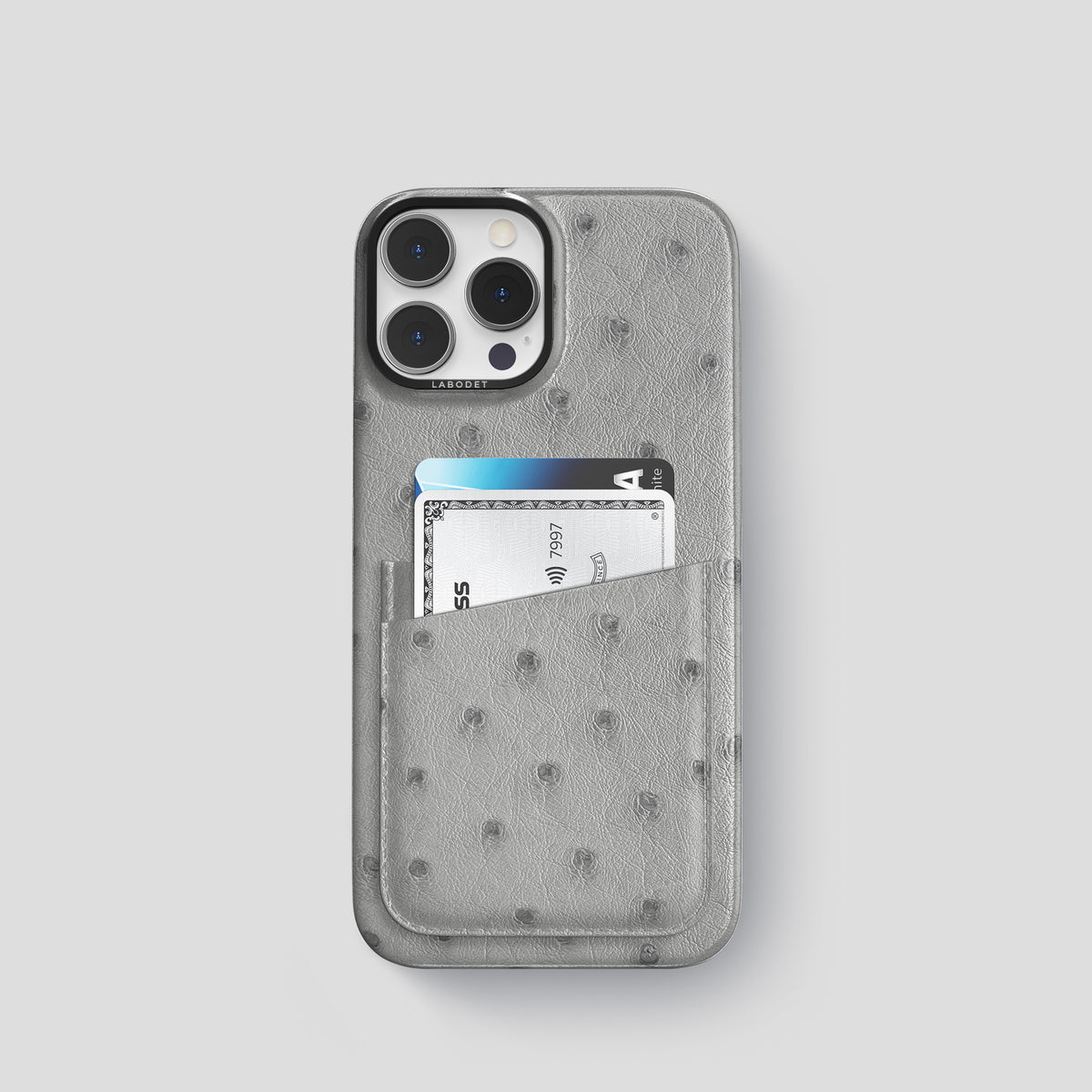 Silver iPhone 15 Pro Card Case Ostrich with Black Metal -1 | Silver-Black