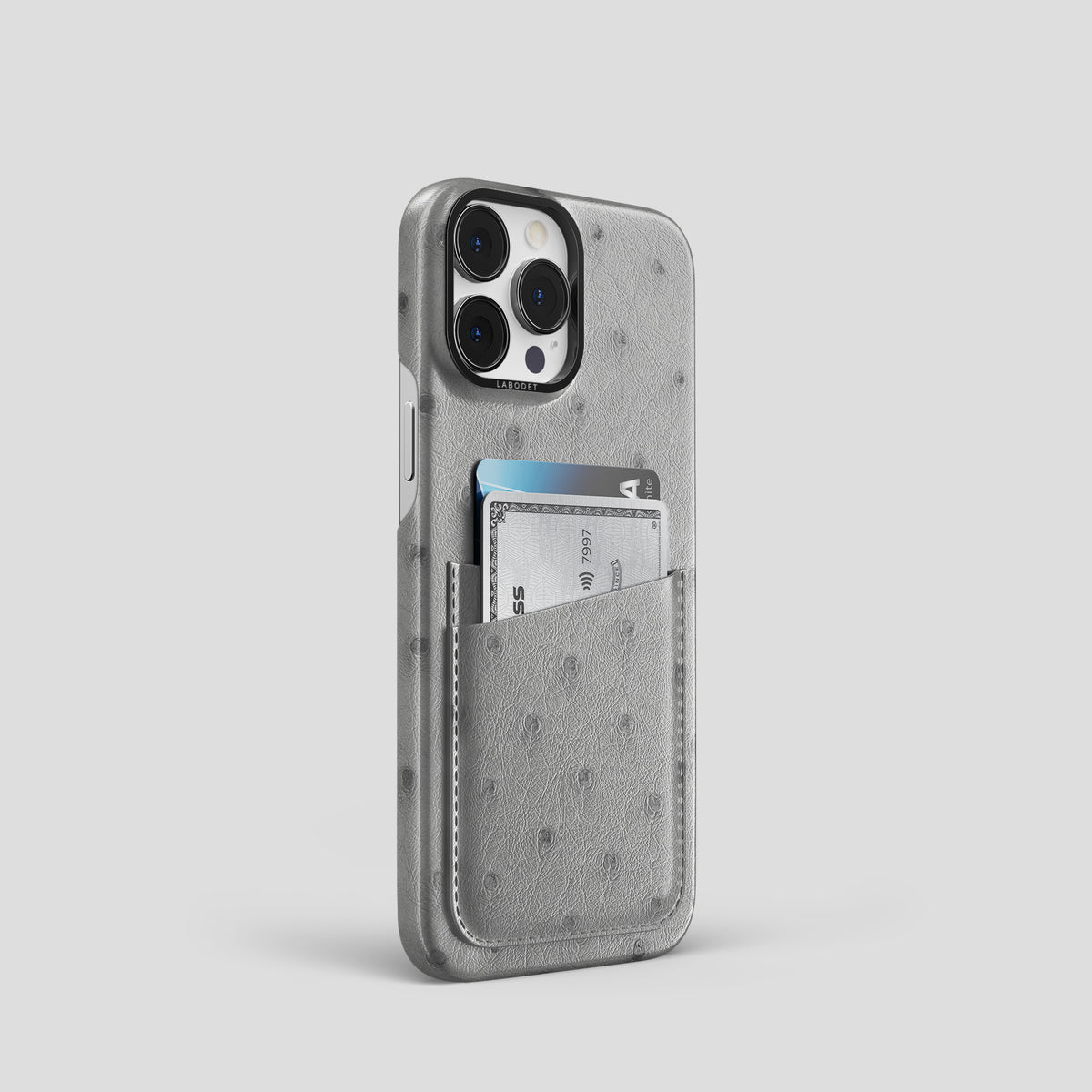 Silver iPhone 15 Pro Card Case Ostrich with Black Metal -2 | Silver-Black