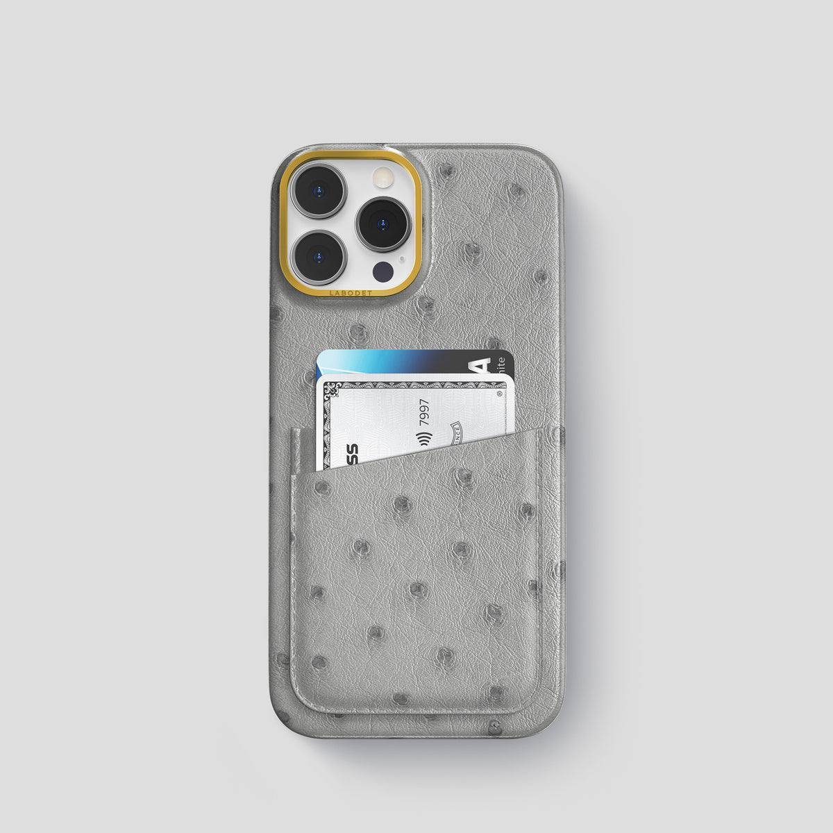 Silver iPhone 15 Pro Card Case Ostrich with Gold Metal -1 | Silver-Gold