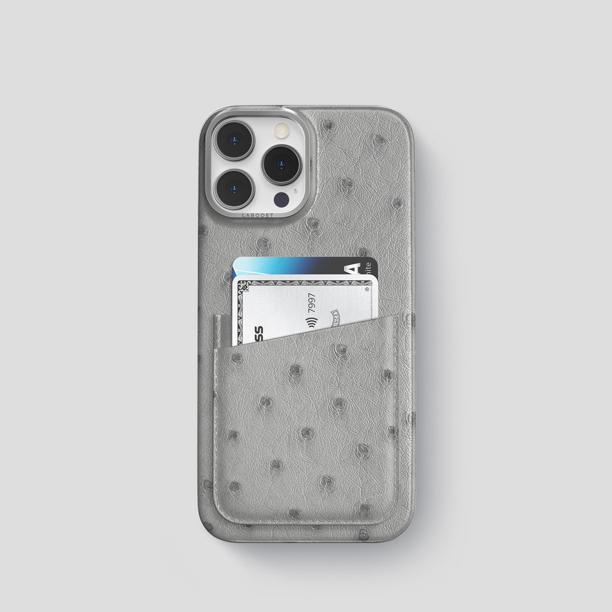 Silver iPhone 15 Pro Card Case Ostrich with Steel Metal -1 | Silver-Steel