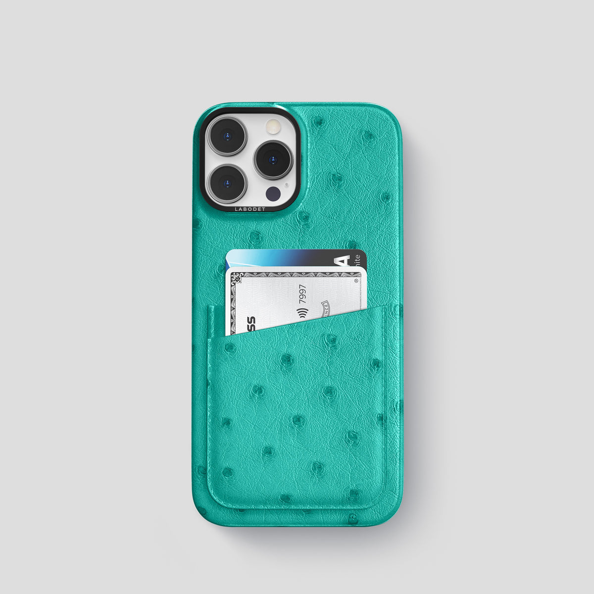 Turquoise iPhone 15 Pro Card Case Ostrich with Black Metal -1 | Turquoise-Black