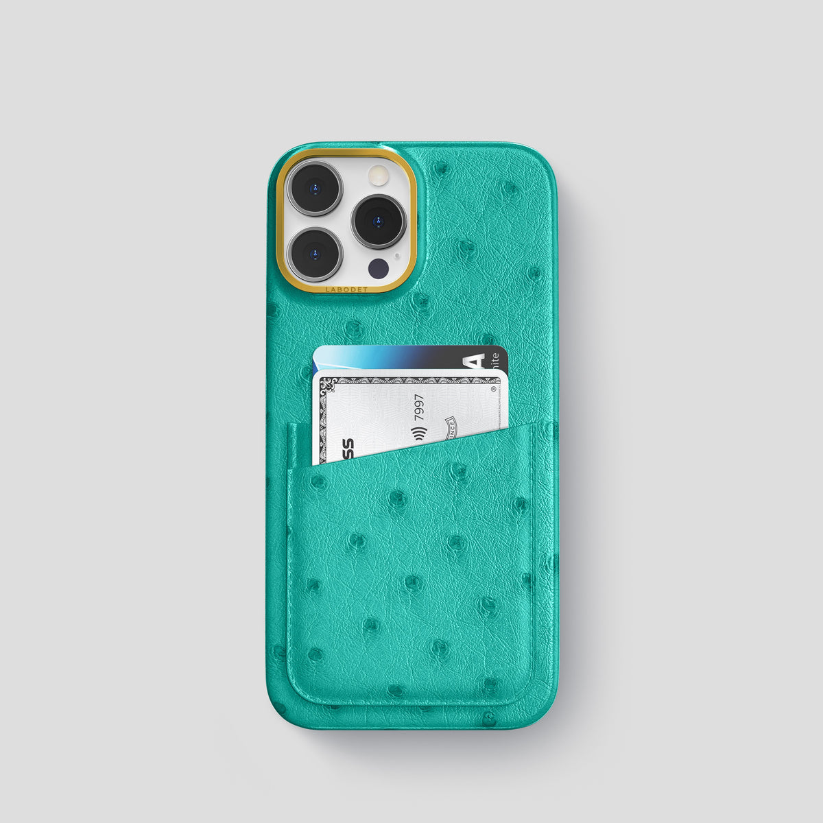 Turquoise iPhone 15 Pro Card Case Ostrich with Gold Metal -1 | Turquoise-Gold