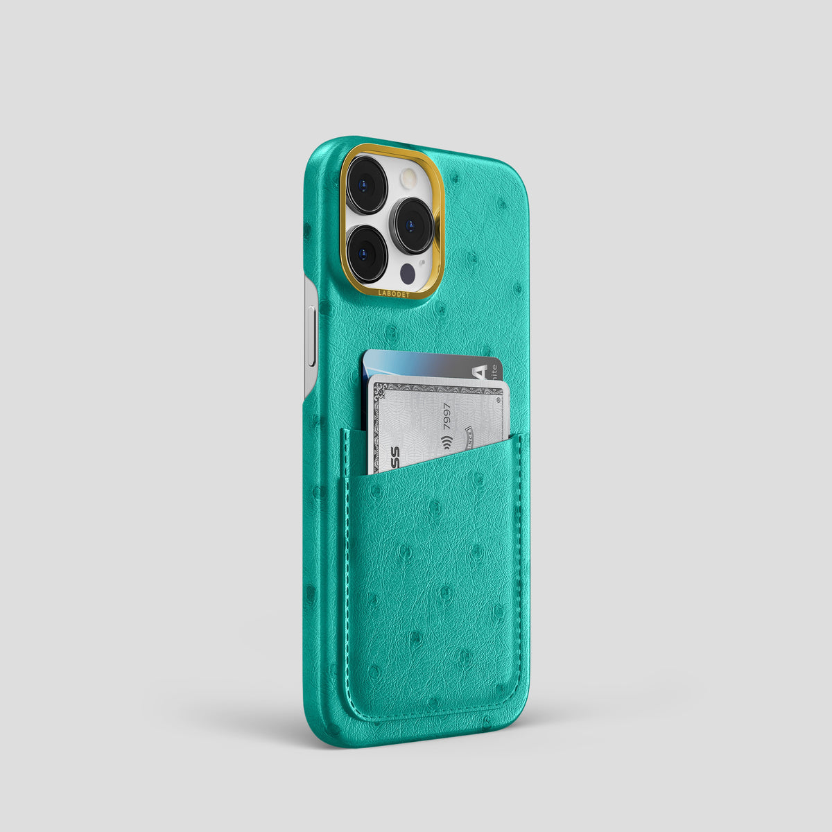 Turquoise iPhone 15 Pro Card Case Ostrich with Gold Metal -2 | Turquoise-Gold