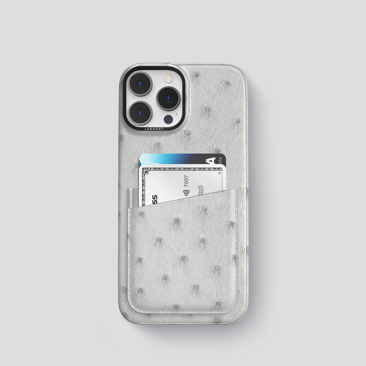 White iPhone 15 Pro Card Case Ostrich with Black Metal -1 | White-Black