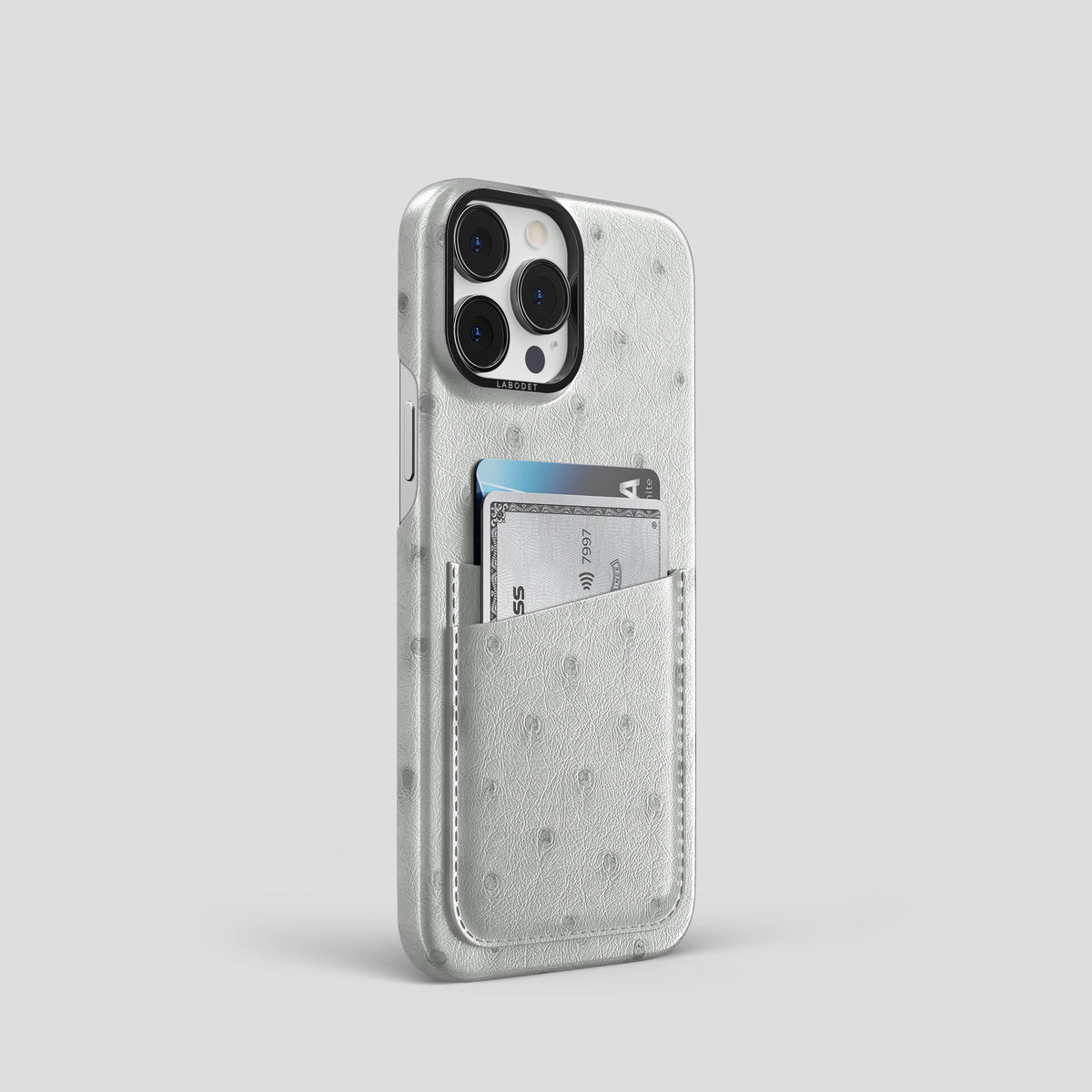 White iPhone 15 Pro Card Case Ostrich with Black Metal -2 | White-Black
