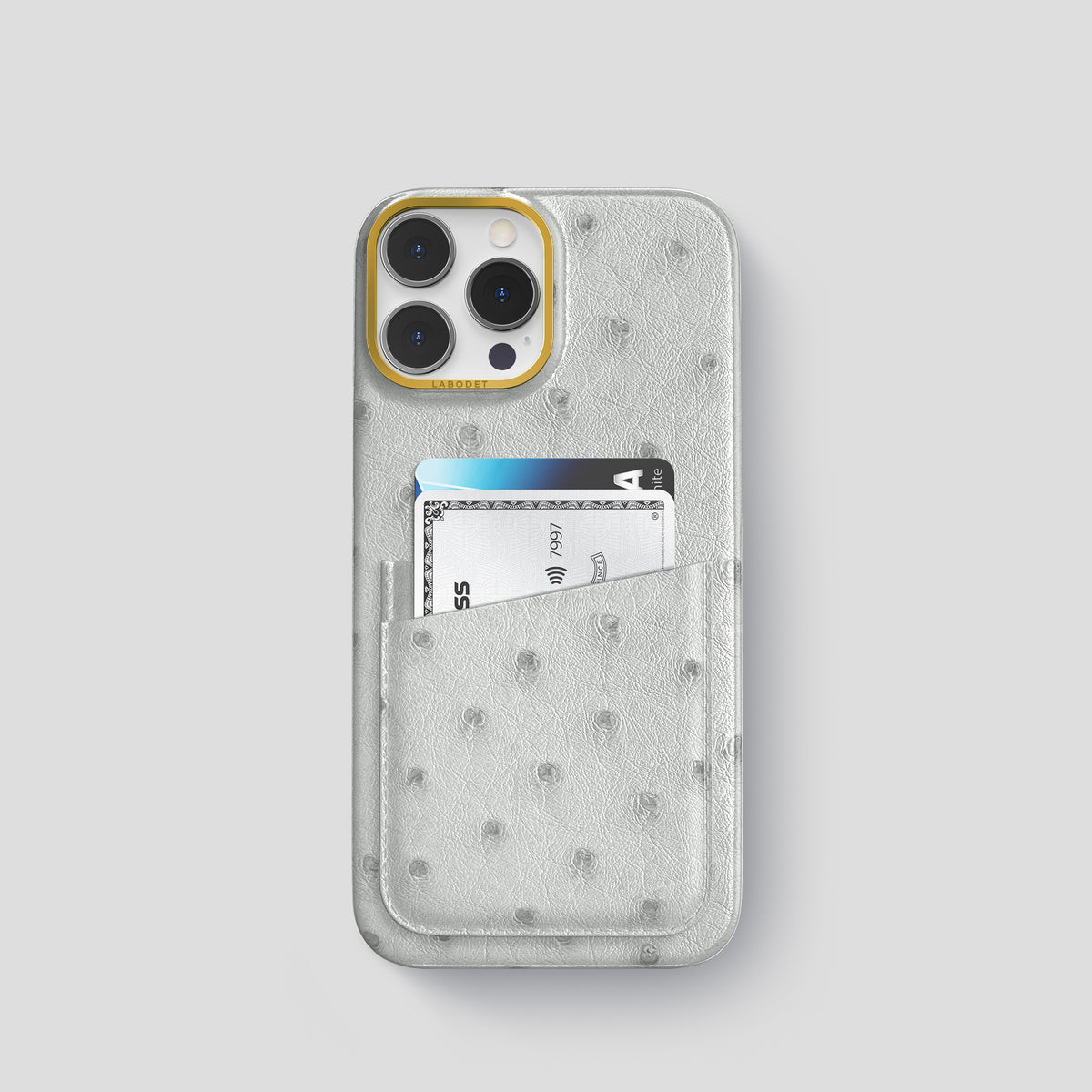 White iPhone 15 Pro Card Case Ostrich with Gold Metal -1 | White-Gold