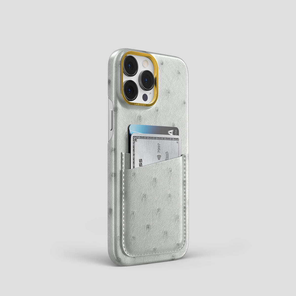White iPhone 15 Pro Card Case Ostrich with Gold Metal -2 | White-Gold