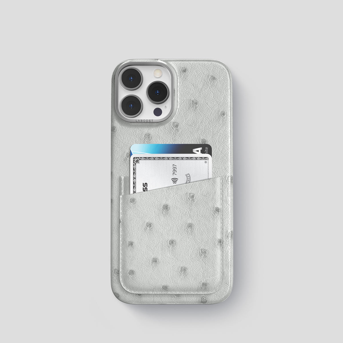 White iPhone 15 Pro Card Case Ostrich with Steel Metal -1 | White-Steel
