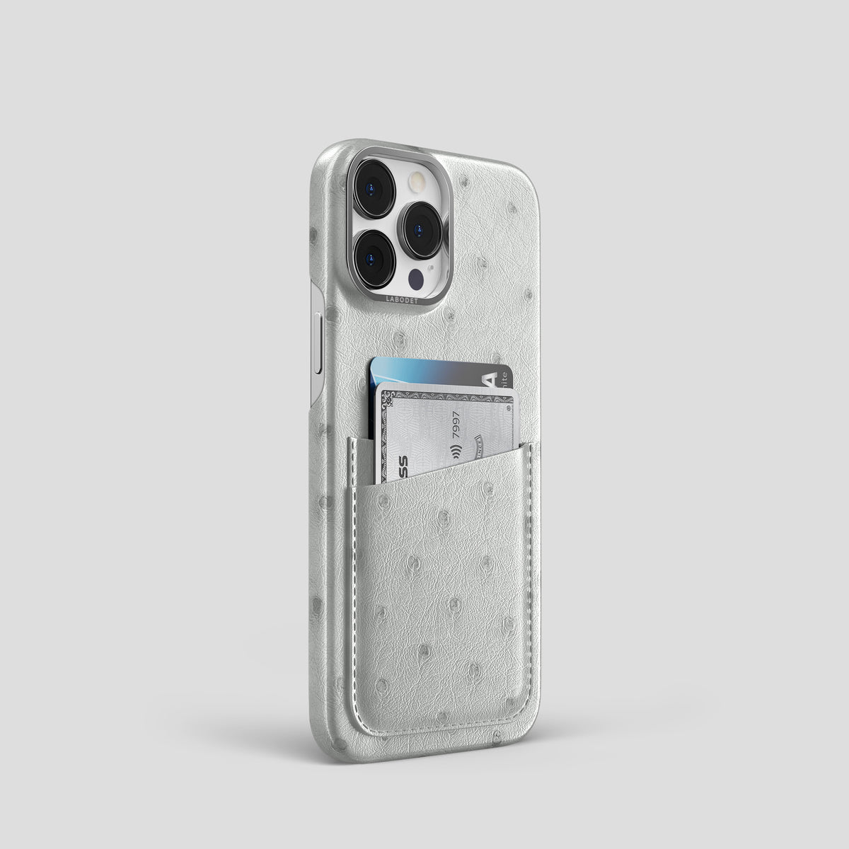 White iPhone 15 Pro Card Case Ostrich with Steel Metal -2 | White-Steel