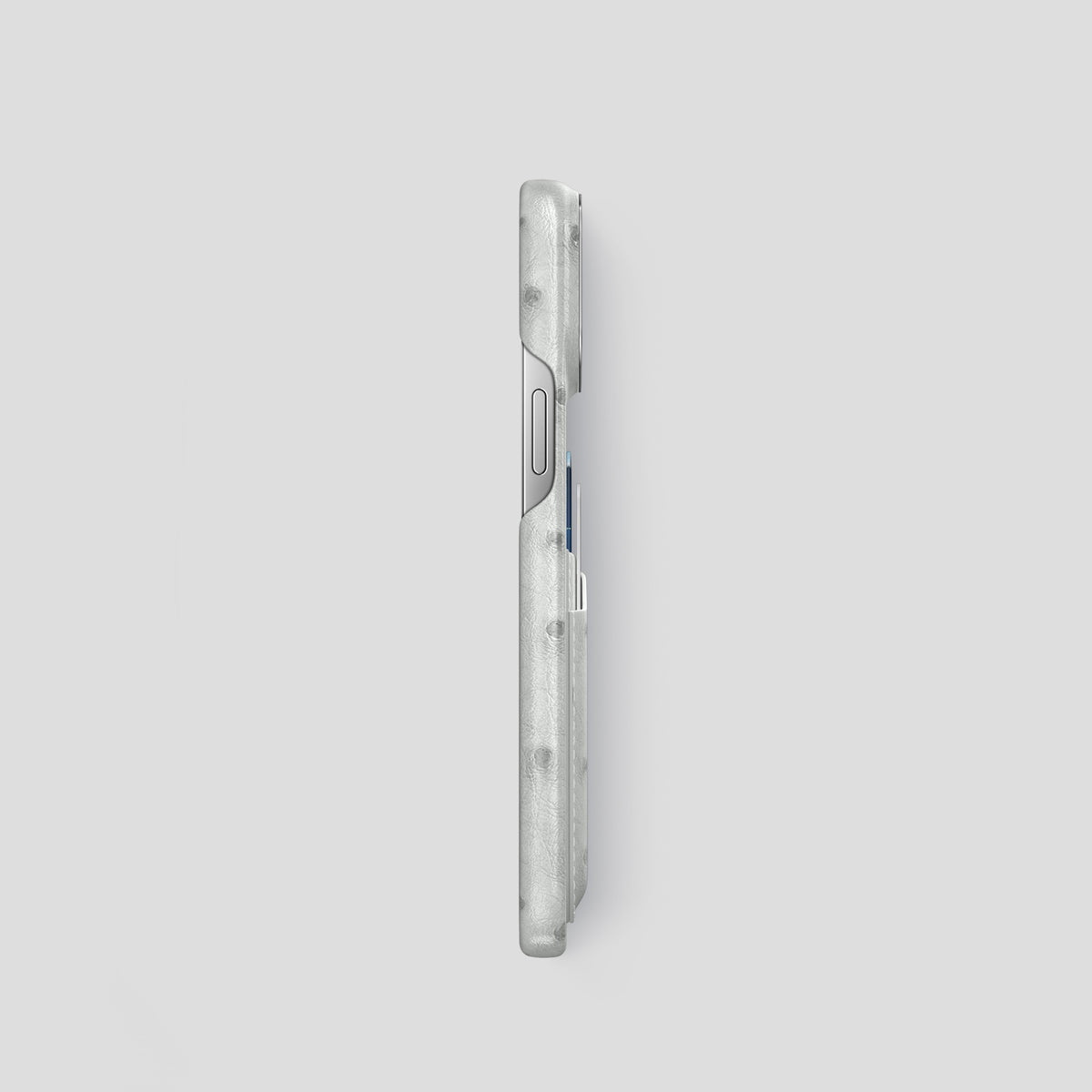 White iPhone 15 Pro Card Case Ostrich with Steel Metal -3 | White-Steel