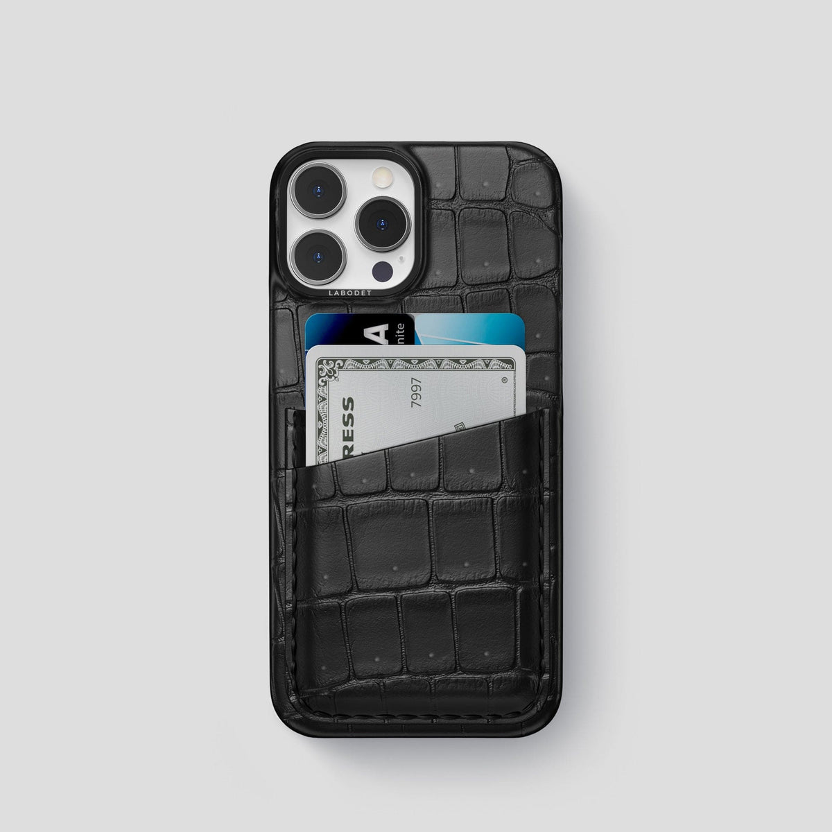 Black iPhone 15 Pro Double Card Case Porosus Crocodile with Black Metal -1 | Black-Black