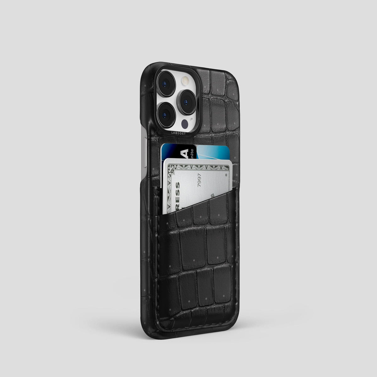 Black iPhone 15 Pro Double Card Case Porosus Crocodile with Black Metal -2 | Black-Black