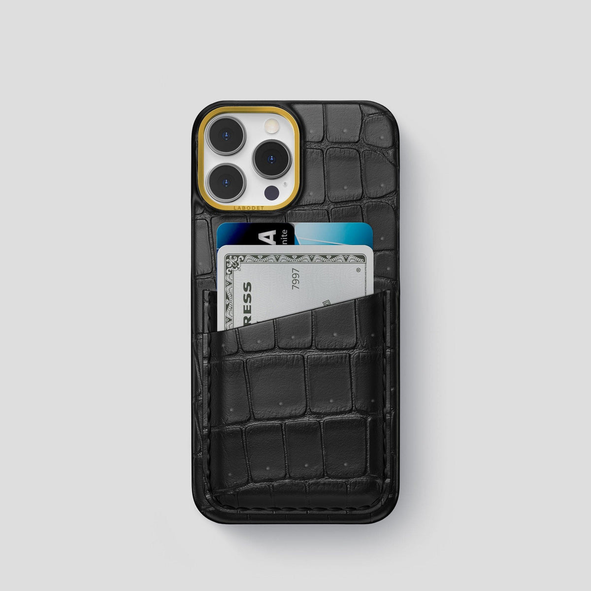 Black iPhone 15 Pro Double Card Case Porosus Crocodile with Gold Metal -1 | Black-Gold