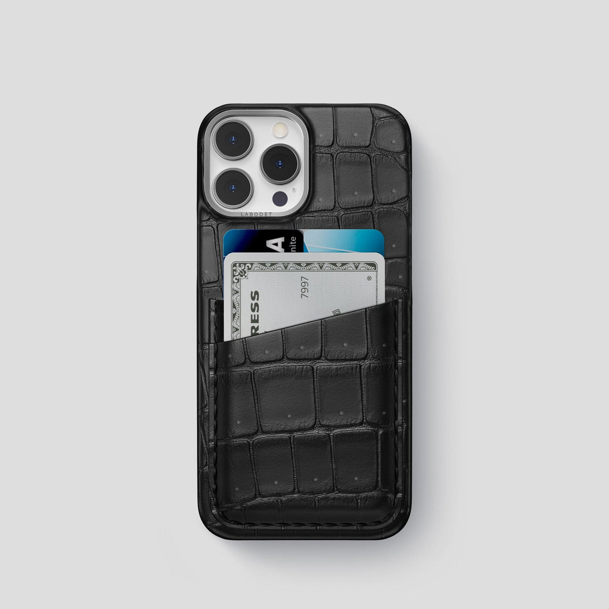 Black iPhone 15 Pro Double Card Case Porosus Crocodile with Steel Metal -1 | Black-Steel