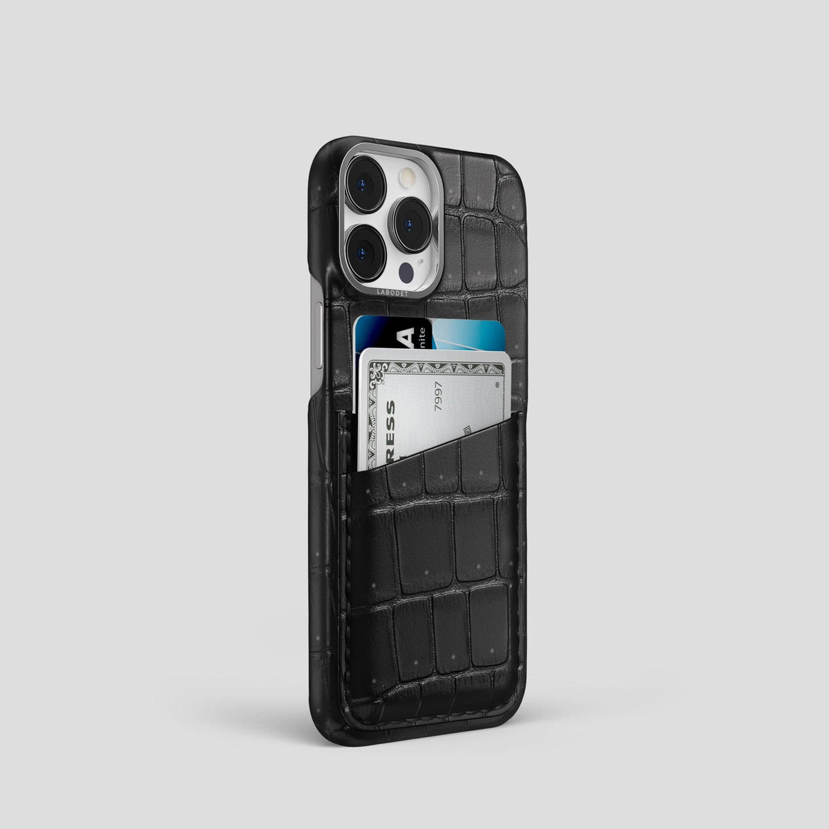 Black iPhone 15 Pro Double Card Case Porosus Crocodile with Steel Metal -2 | Black-Steel