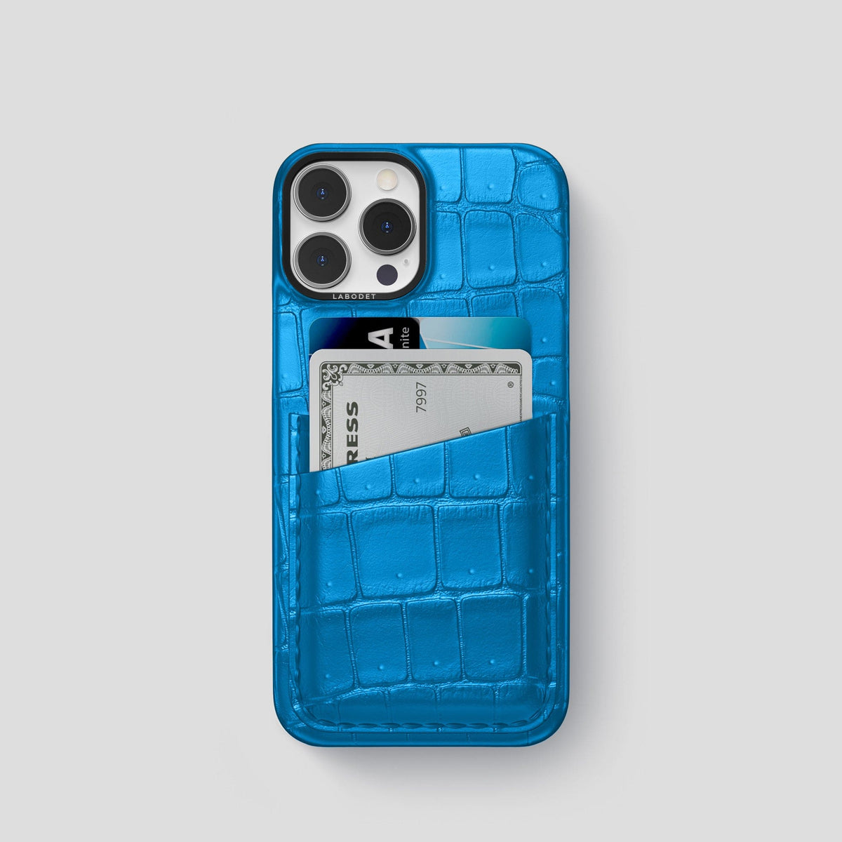 Blue-Lagoon iPhone 15 Pro Double Card Case Porosus Crocodile with Black Metal -1 | Blue-Lagoon-Black
