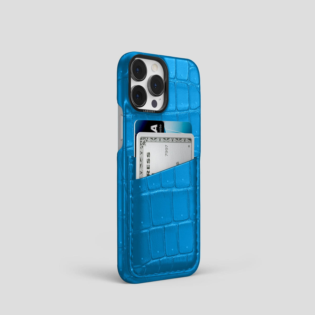 Blue-Lagoon iPhone 15 Pro Double Card Case Porosus Crocodile with Black Metal -2 | Blue-Lagoon-Black