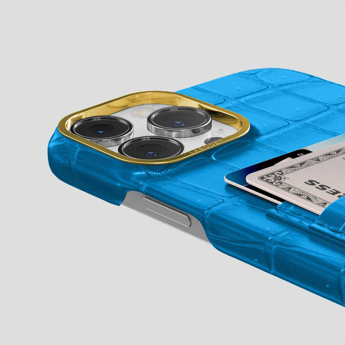 Blue-Lagoon iPhone 15 Pro Double Card Case Porosus Crocodile with Gold Metal -5 | Blue-Lagoon-Gold
