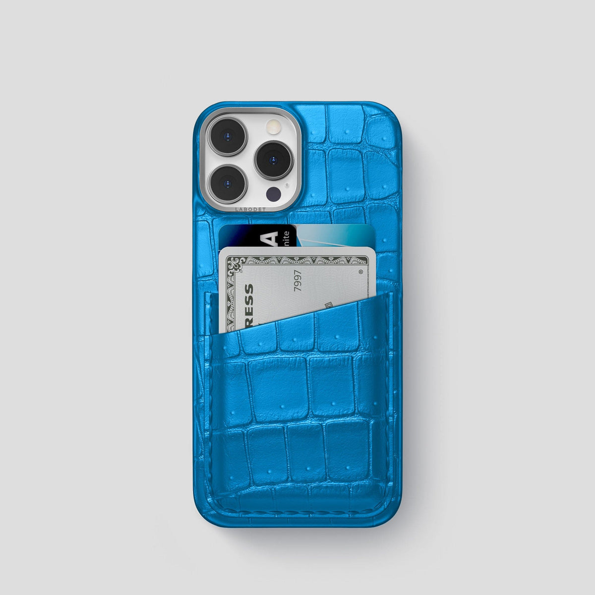 Blue-Lagoon iPhone 15 Pro Double Card Case Porosus Crocodile with Steel Metal -1 | Blue-Lagoon-Steel