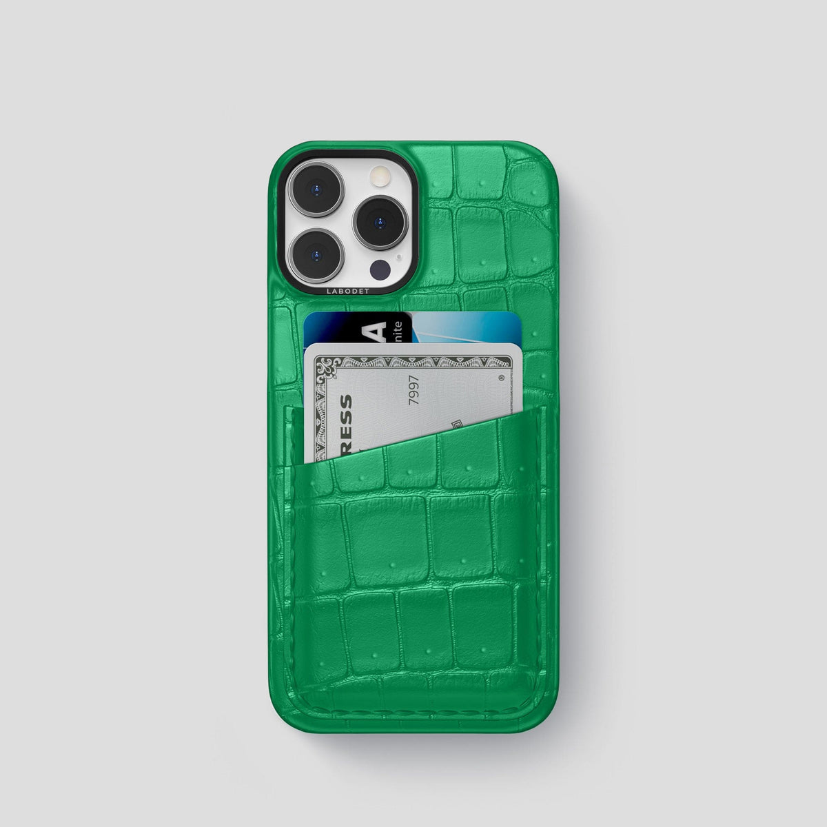 Cactus-Green iPhone 15 Pro Double Card Case Porosus Crocodile with Black Metal -1 | Cactus-Green-Black