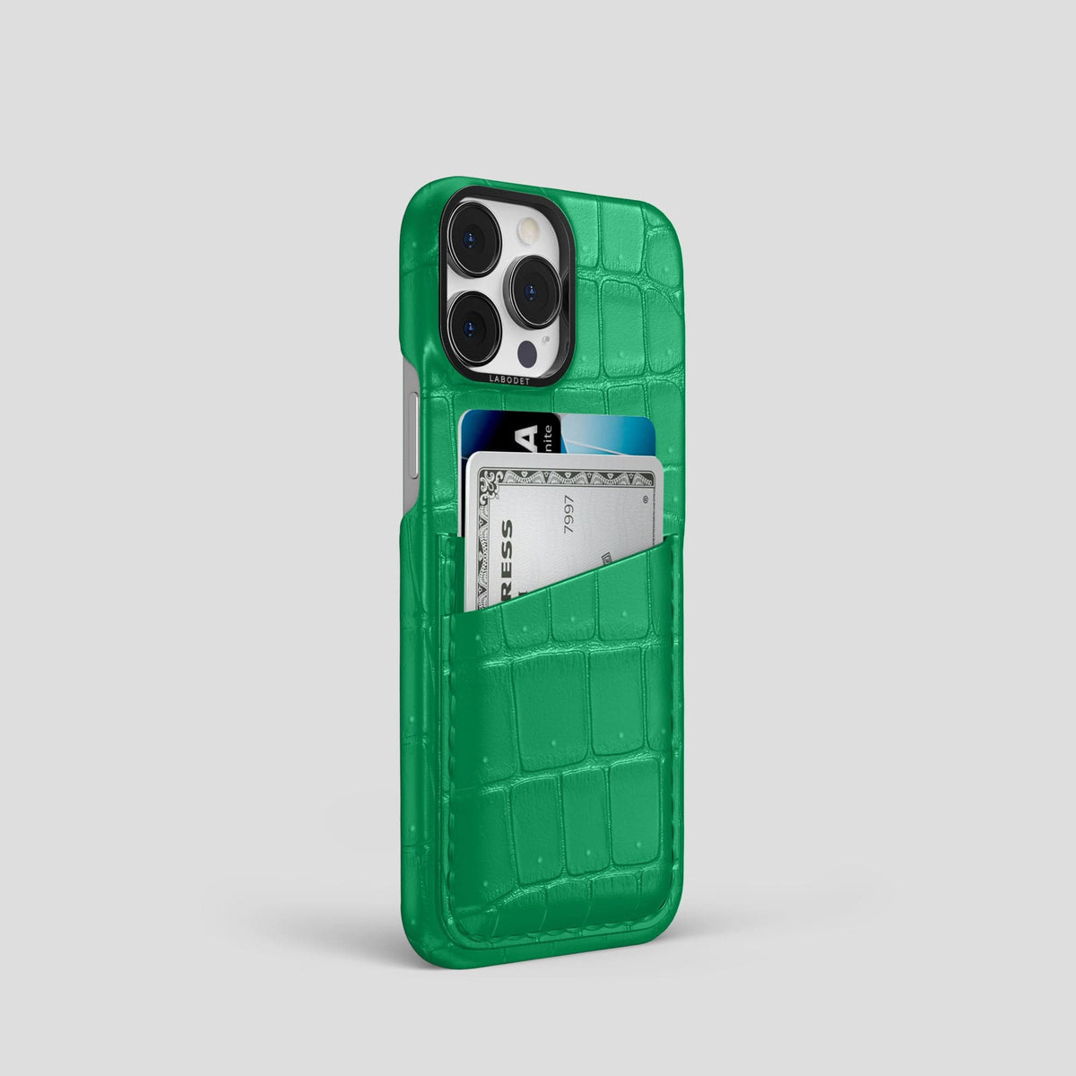 Cactus-Green iPhone 15 Pro Double Card Case Porosus Crocodile with Black Metal -2 | Cactus-Green-Black