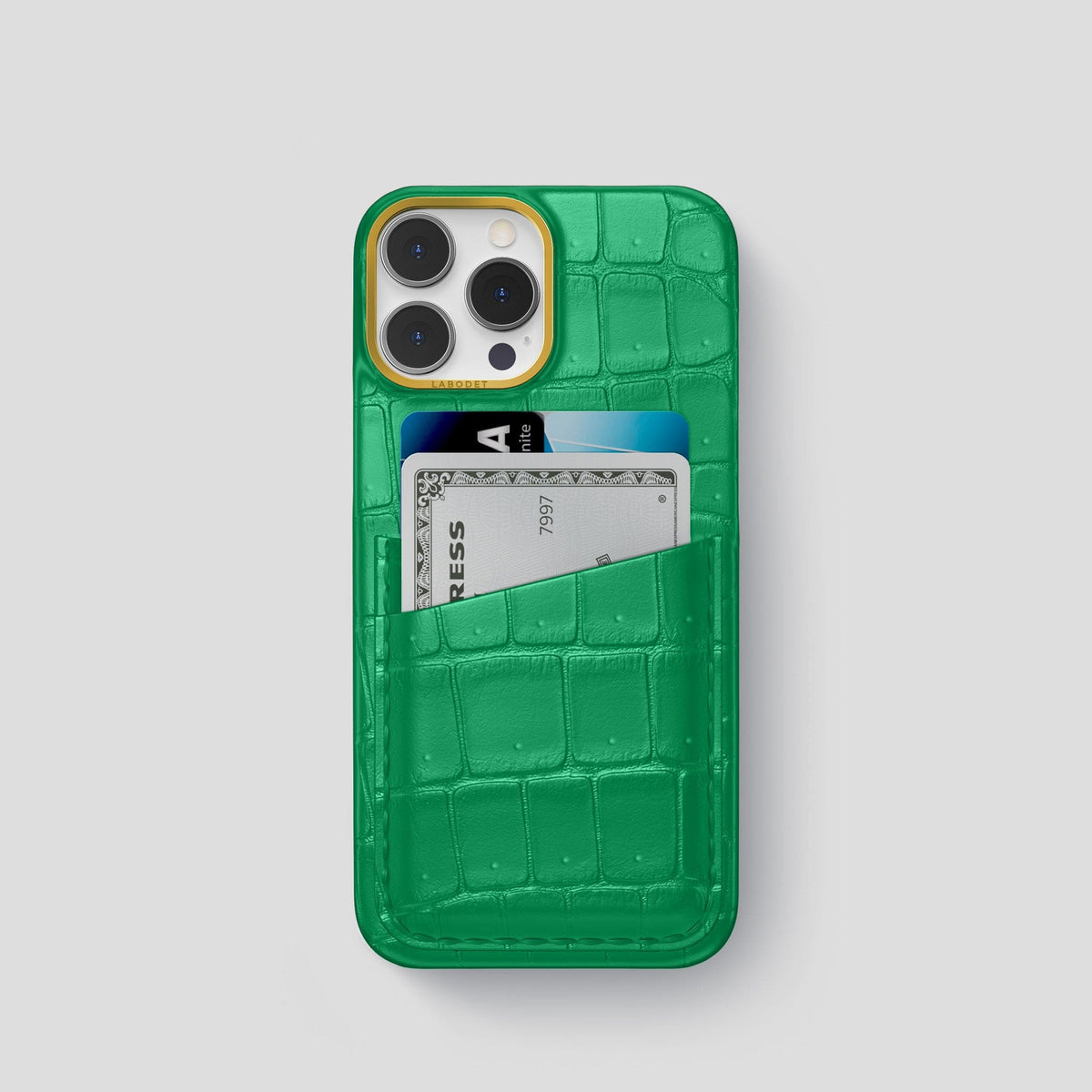 Cactus-Green iPhone 15 Pro Double Card Case Porosus Crocodile with Gold Metal -1 | Cactus-Green-Gold