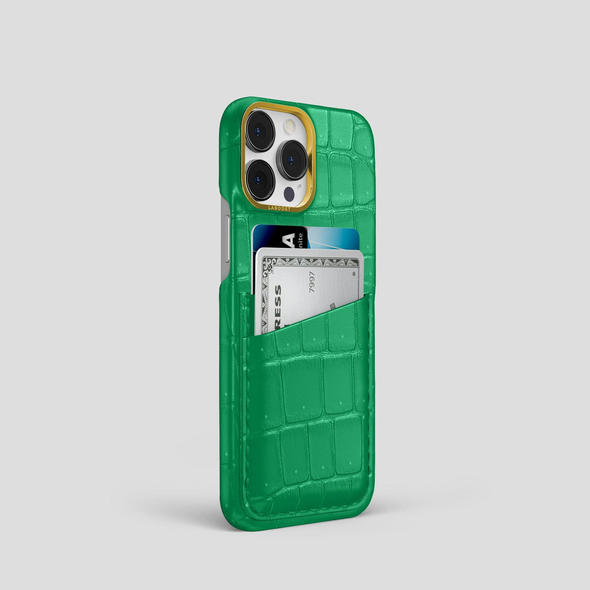 Cactus-Green iPhone 15 Pro Double Card Case Porosus Crocodile with Gold Metal -2 | Cactus-Green-Gold