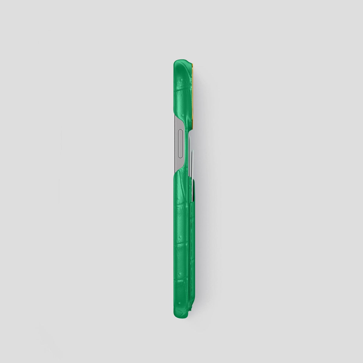Cactus-Green iPhone 15 Pro Double Card Case Porosus Crocodile with Gold Metal -3 | Cactus-Green-Gold