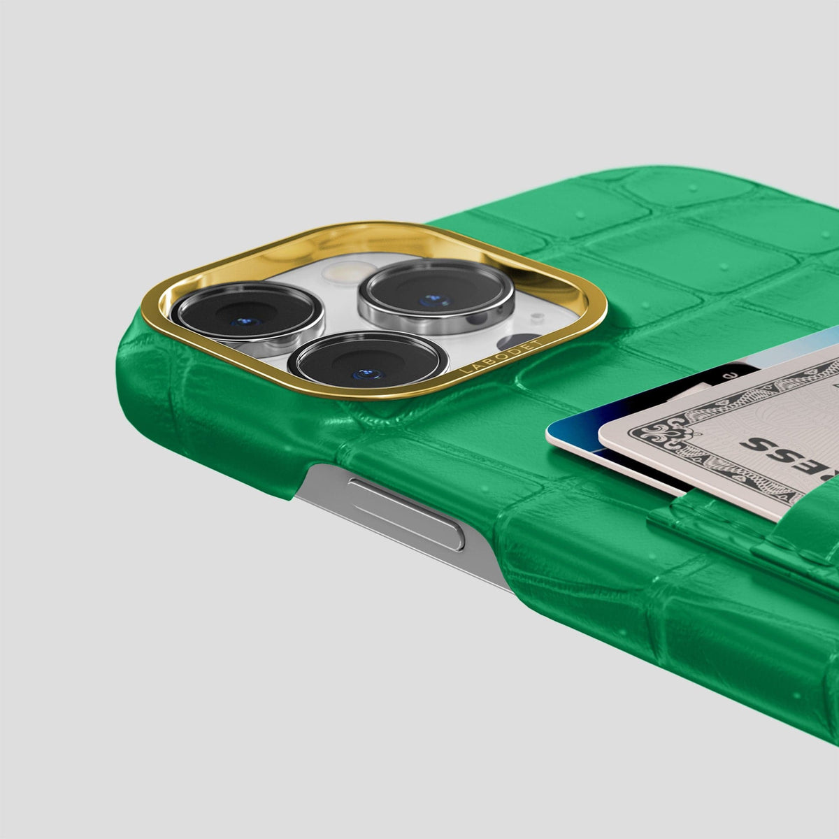 Cactus-Green iPhone 15 Pro Double Card Case Porosus Crocodile with Gold Metal -5 | Cactus-Green-Gold