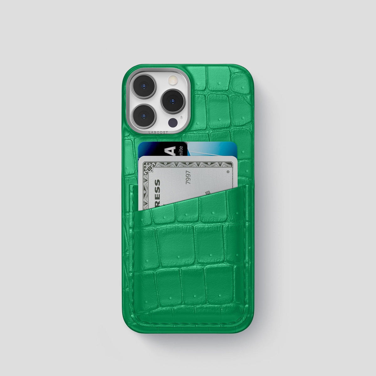 Cactus-Green iPhone 15 Pro Double Card Case Porosus Crocodile with Steel Metal -1 | Cactus-Green-Steel