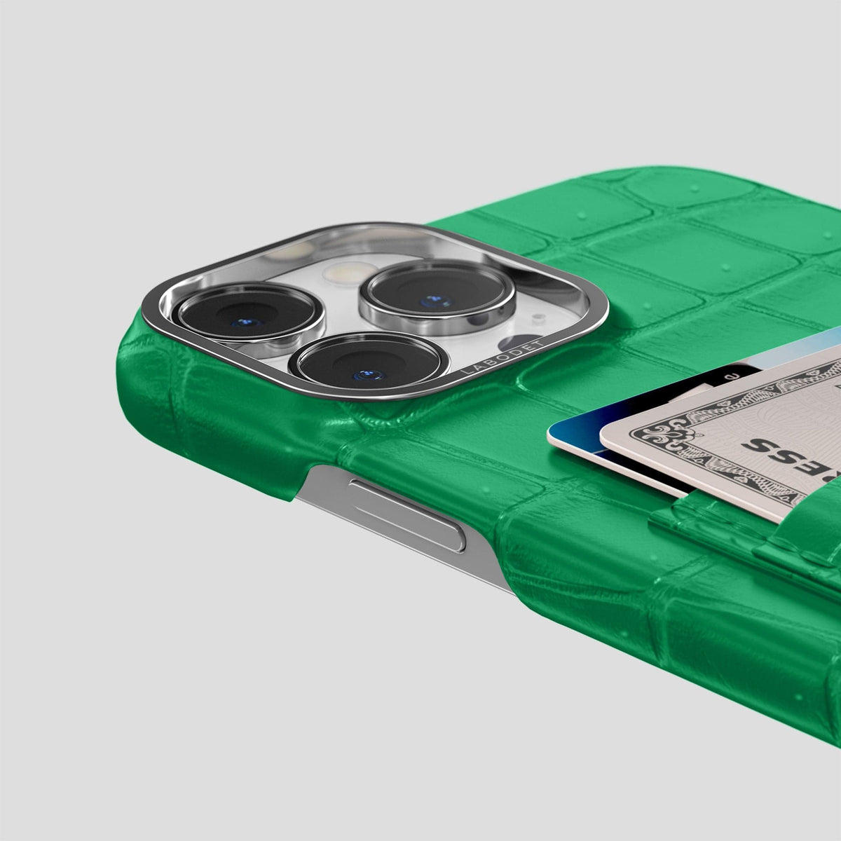 Cactus-Green iPhone 15 Pro Double Card Case Porosus Crocodile with Steel Metal -5 | Cactus-Green-Steel