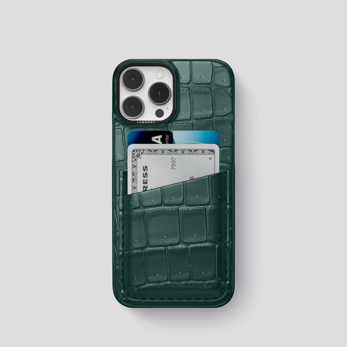Dark-Forest iPhone 15 Pro Double Card Case Porosus Crocodile with Black Metal -1 | Dark-Forest-Black