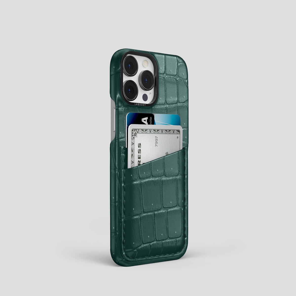 Dark-Forest iPhone 15 Pro Double Card Case Porosus Crocodile with Black Metal -2 | Dark-Forest-Black